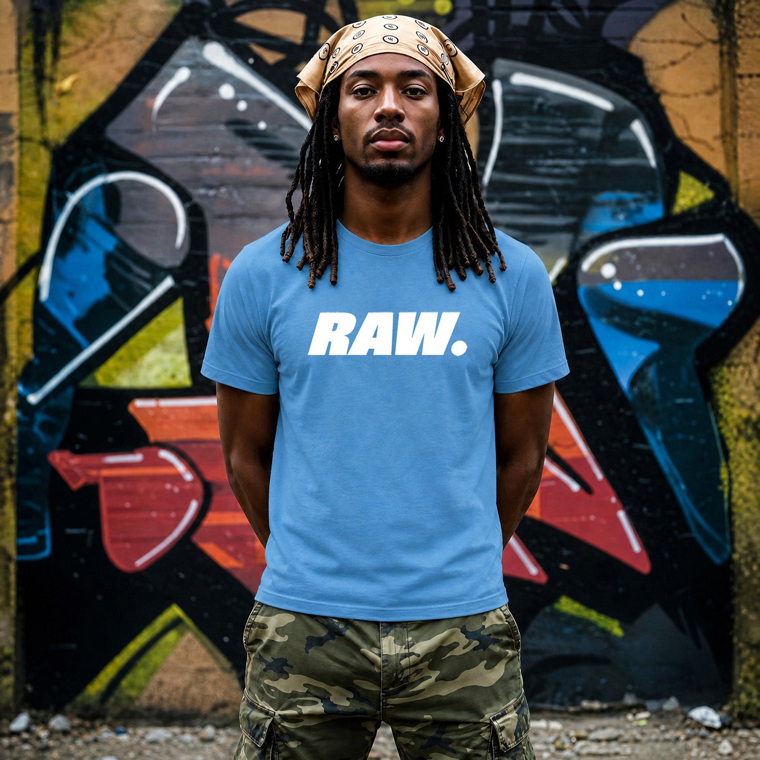 A man wearing a light blue Raw t-shirt  paired with camouflage cargo pants and a tan bandana, standing in front of a graffiti-covered wall.