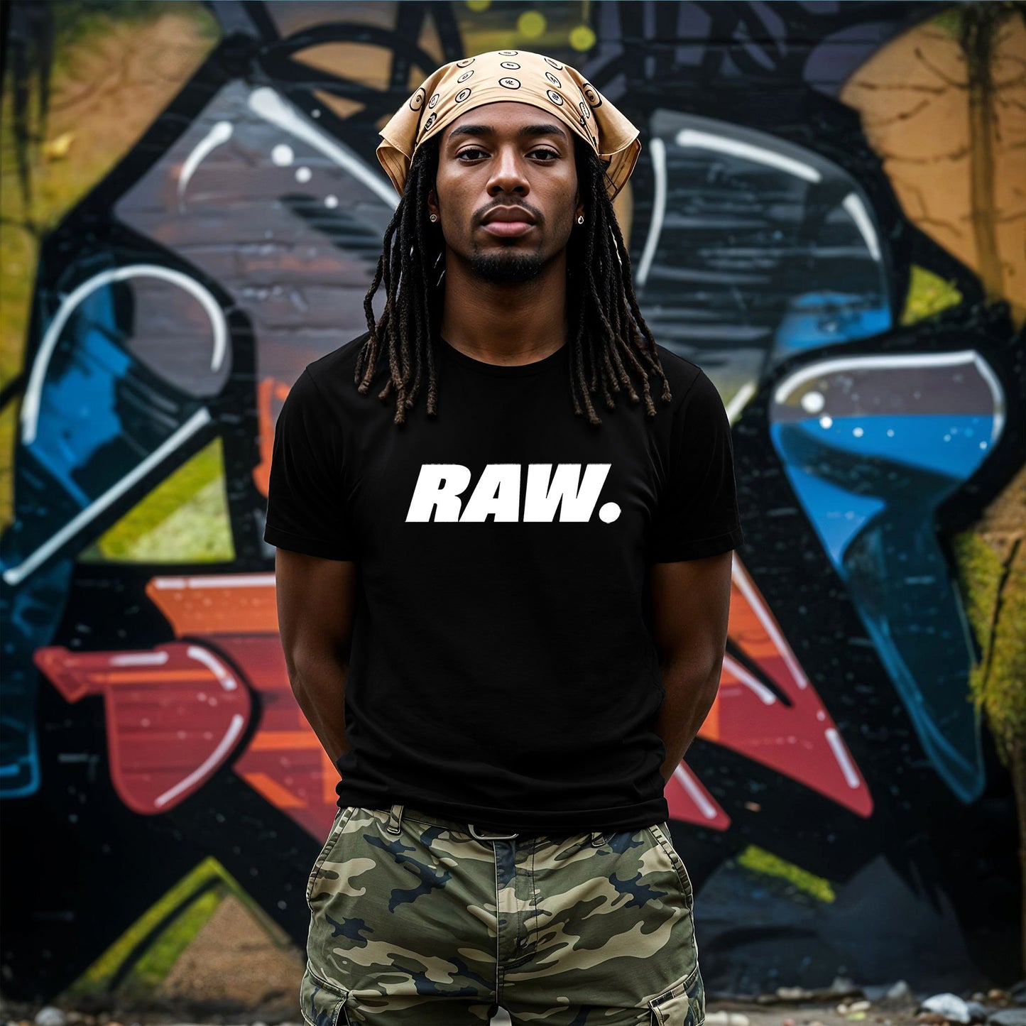 A man wearing a black Raw Graphic Printed & Slogan T-Shirt paired with camouflage cargo pants and a tan bandana, standing in front of a colorful graffiti wall.