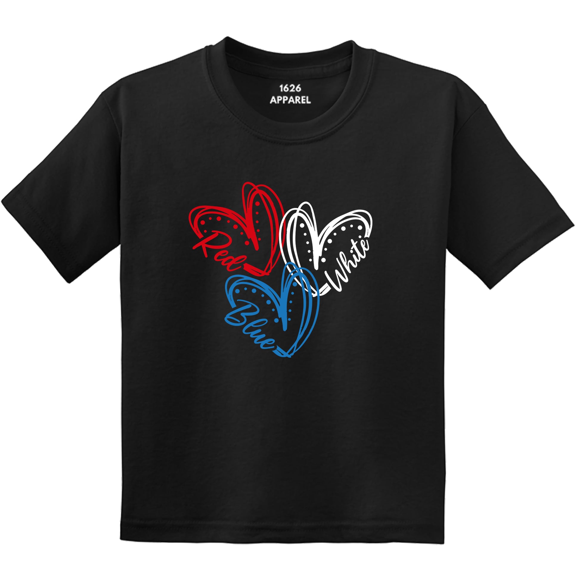 Kid's Red White & Blue Hearts Graphic Printed Black T-Shirts