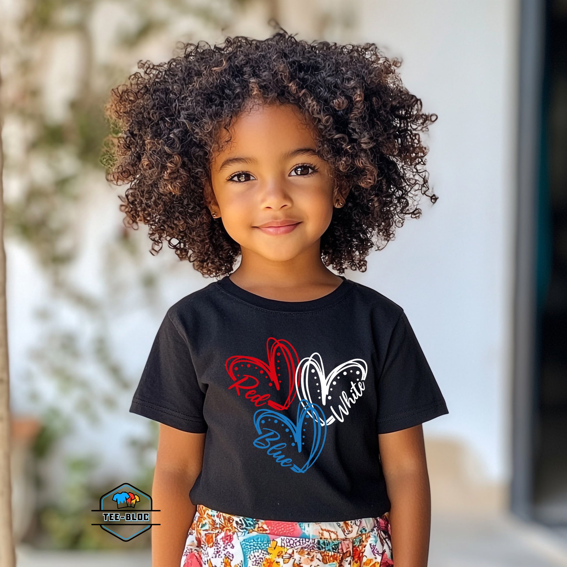Kid's Red White & Blue Hearts Graphic Printed Black T-Shirts Model