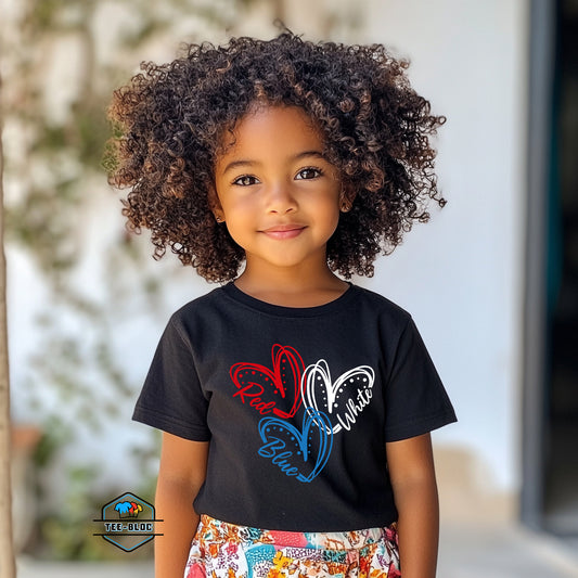 Kid's Red White & Blue Hearts Graphic Printed Black T-Shirts Model