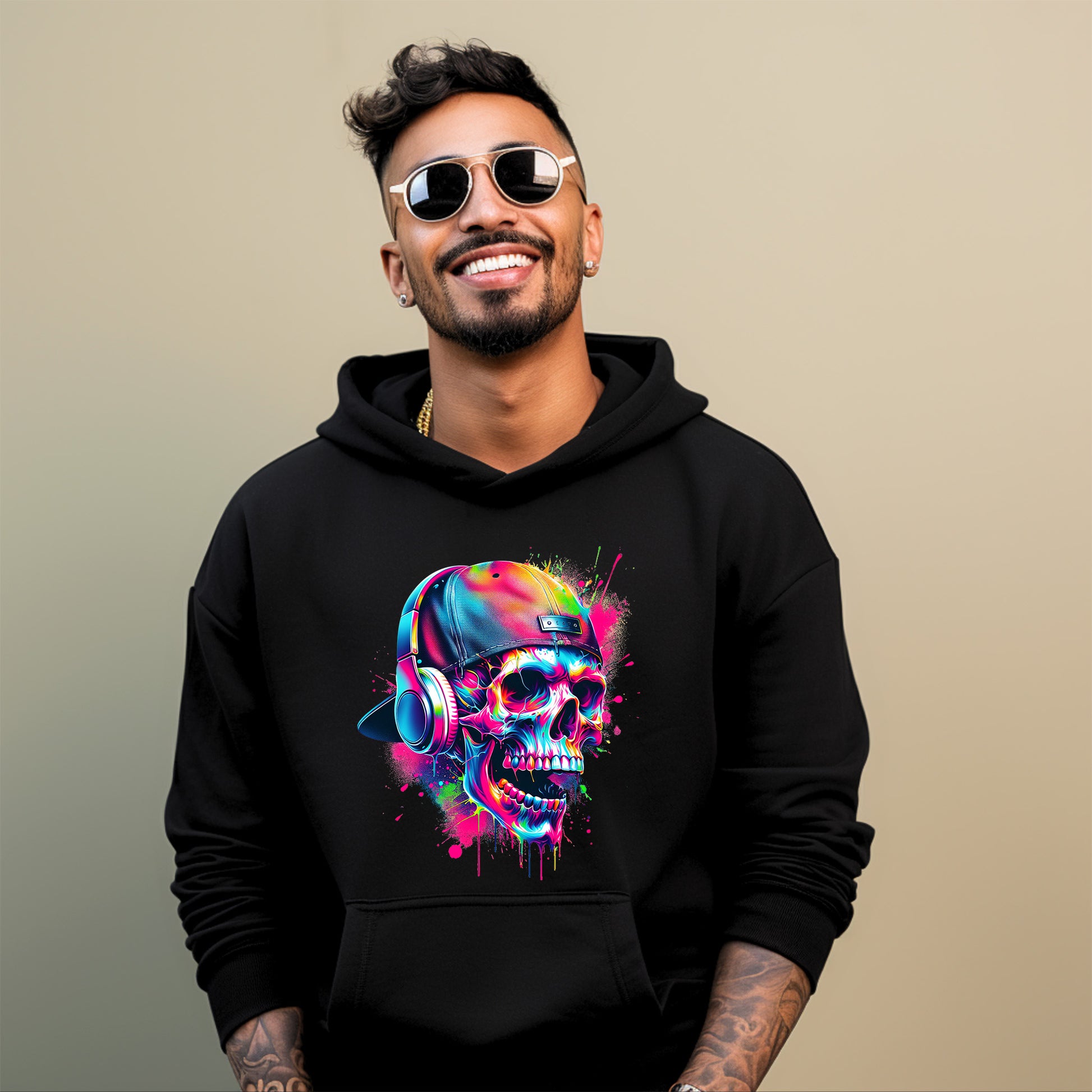 Man wearing black Skull Gang Graphic Printed Hoodie.