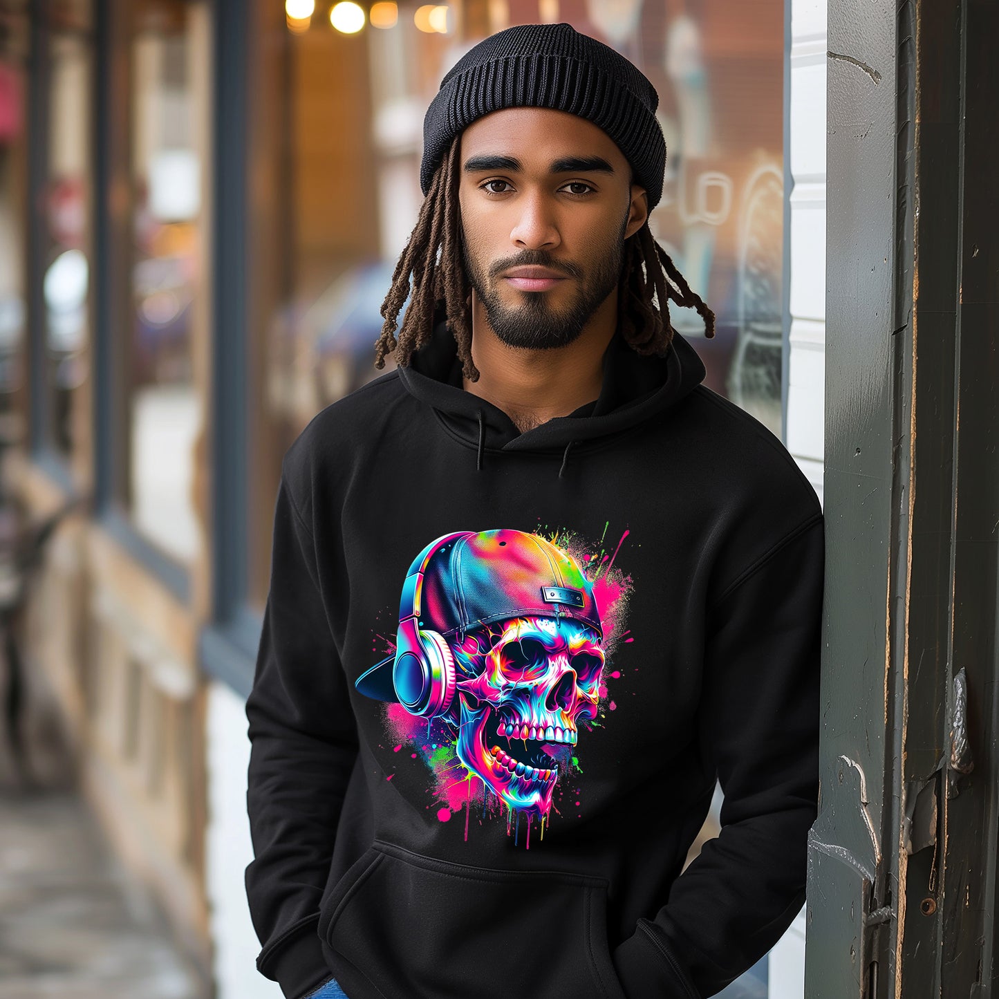 A man wearing a black knit beanie and a black Skull Gang Graphic Printed Hoodie, standing in front of a blurred storefront window.