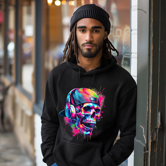 A man wearing a black knit beanie and a black Skull Gang Graphic Printed Hoodie, standing in front of a blurred storefront window.