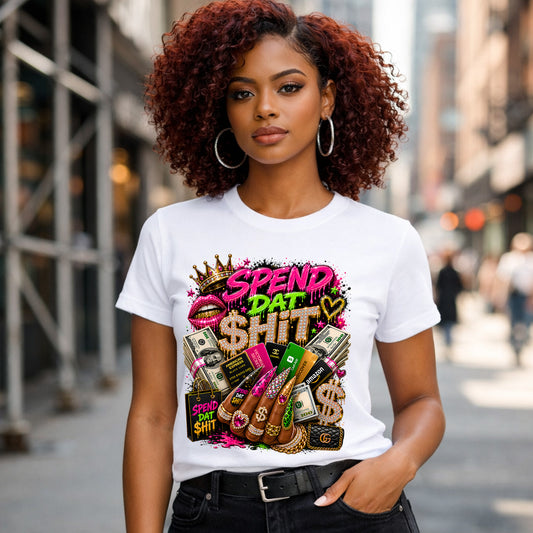 female model wearing a white Spend Dat Shit Graphic Printed Yung Miami T-Shirt