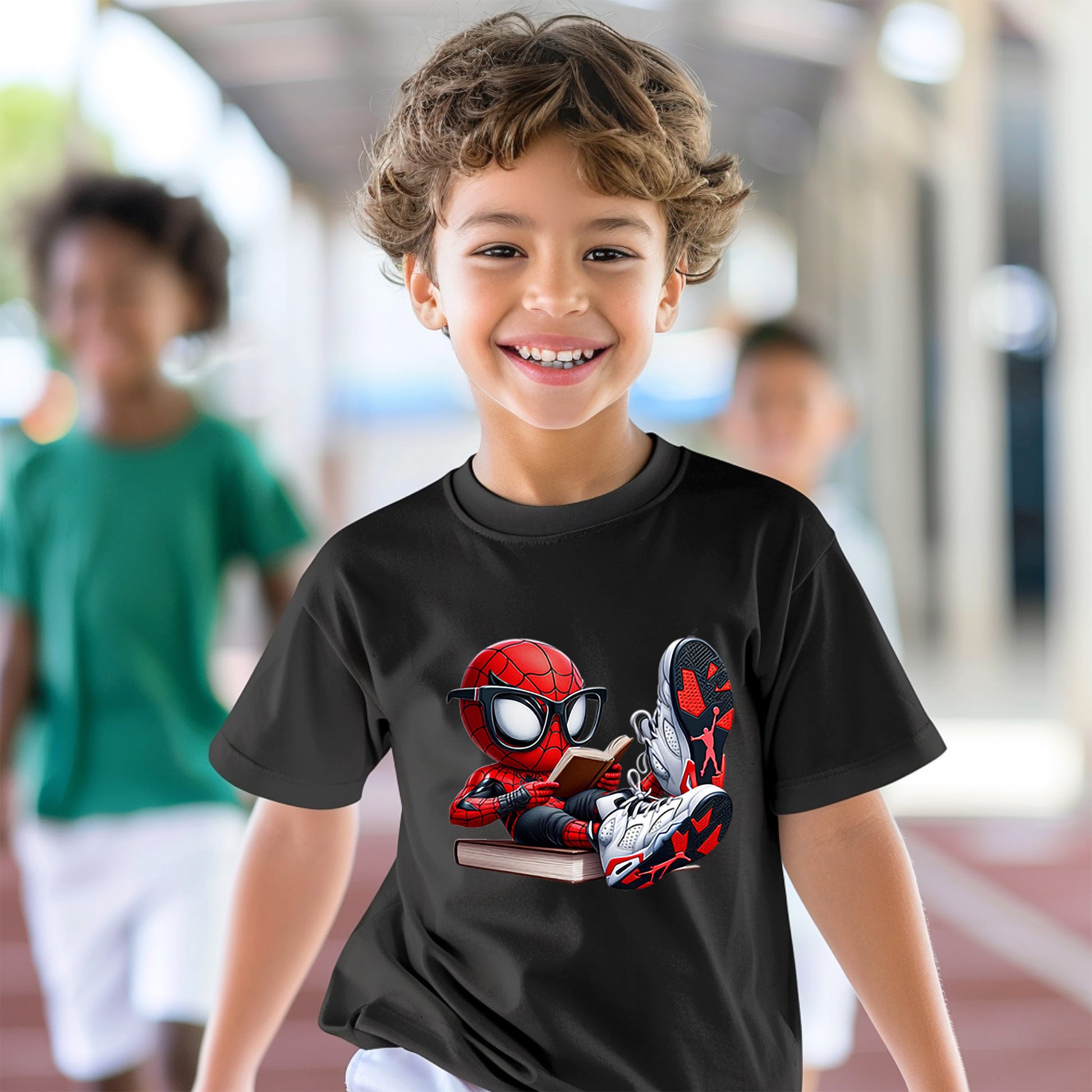 A smiling young boy wearing a black Spider-Boy Reading Book T-Shirts with a colorful graphic of Spider-Man and Ant-Man reading a book, set against a blurred outdoor background.