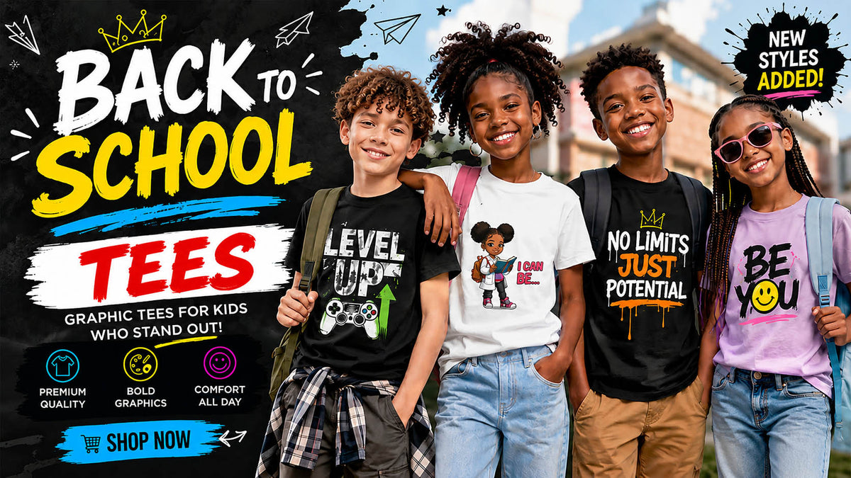 A promotional graphic for kids' graphic tees with four smiling children standing outdoors in front of a blurred school building. The children are wearing black, white, and purple graphic t-shirts, and the left side features large text reading 'BACK TO SCHOOL TEES' with additional marketing copy and icons.