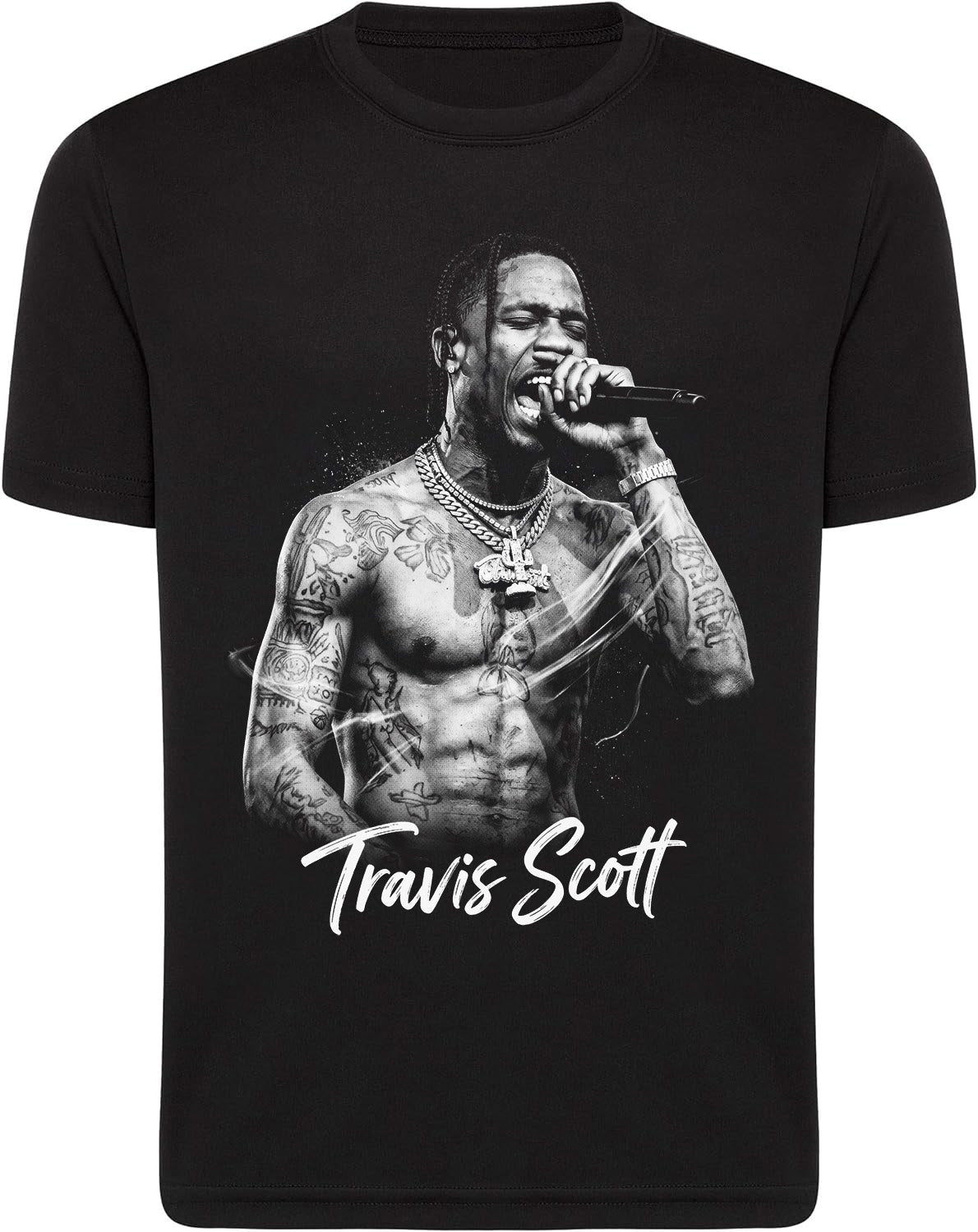 Black t-shirt with a graphic of a person singing and the name 'Travis Scott' printed on it.