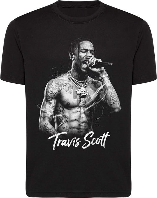 Black t-shirt with a graphic of a person singing and the name 'Travis Scott' printed on it.