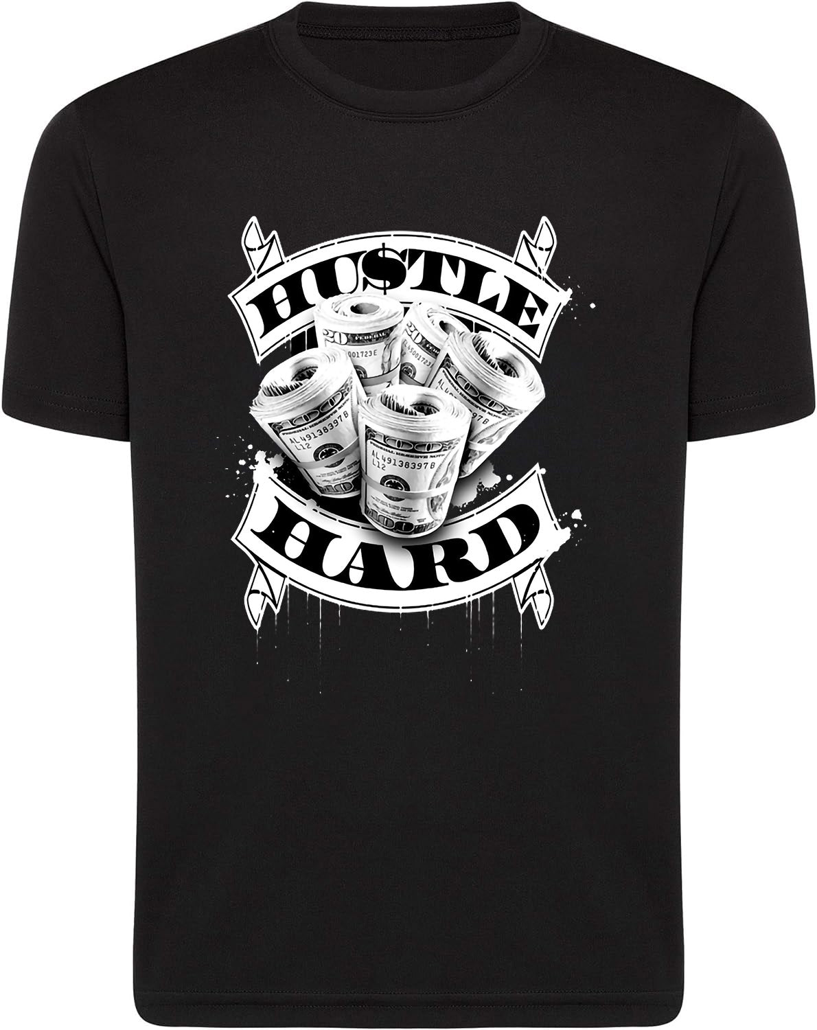 A black short-sleeve crewneck t-shirt featuring a white graphic print on the front with the words 'HUSTLE HARD' and an illustration of stacked cash.
