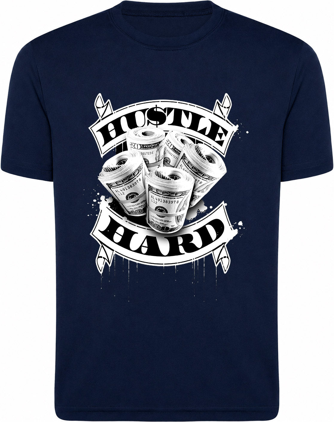 A navy blue short-sleeve crewneck t-shirt featuring a white graphic print on the front with the words 'HUSTLE HARD' and illustrations of cash rolls.