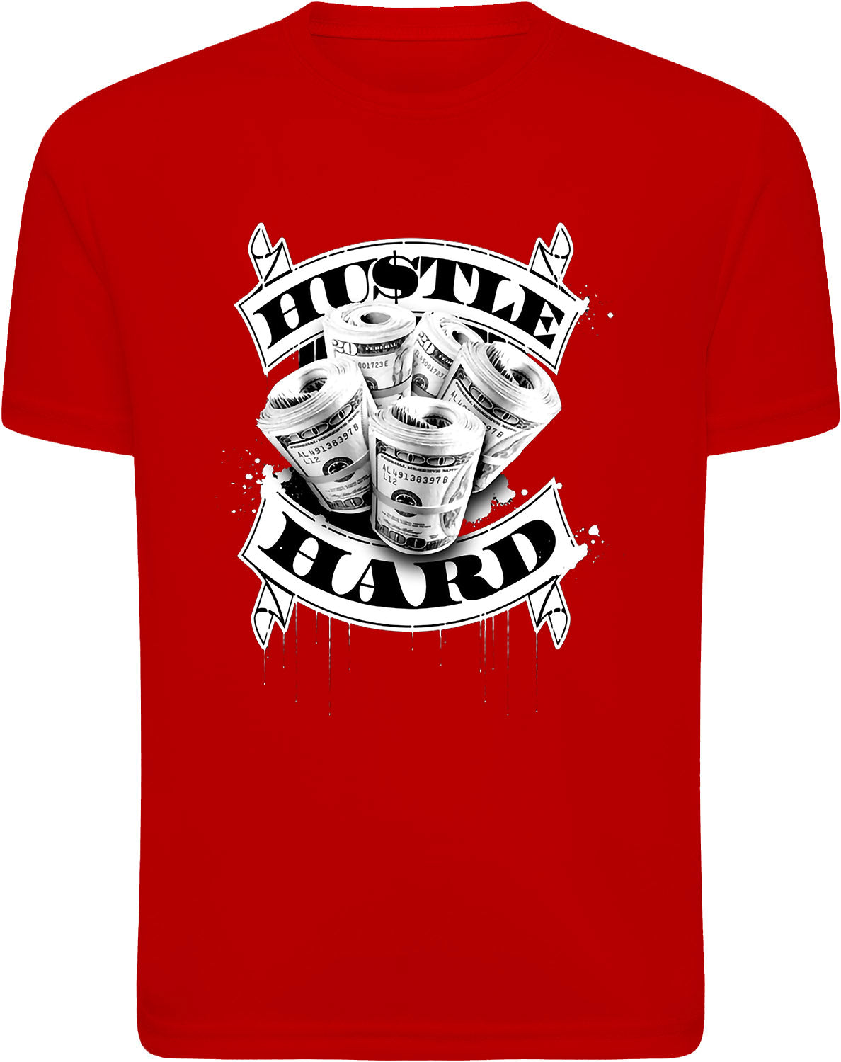 A red short-sleeve crewneck t-shirt featuring a white and black graphic print on the front with the words 'HUSTLE HARD' and illustrations of stacks of cash.