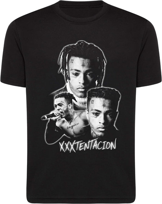 Black t-shirt with graphic of a person and 'XXXTENTACION' text on a white background