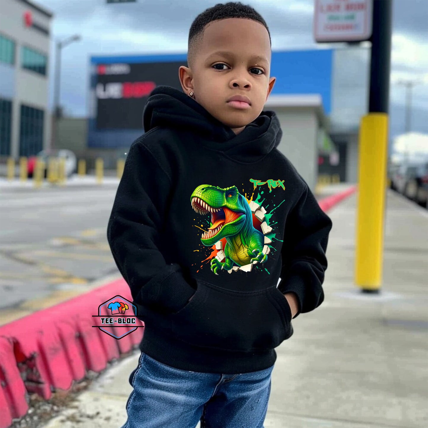 Kids T-Rex Graphic Printed Black Hoodies Model